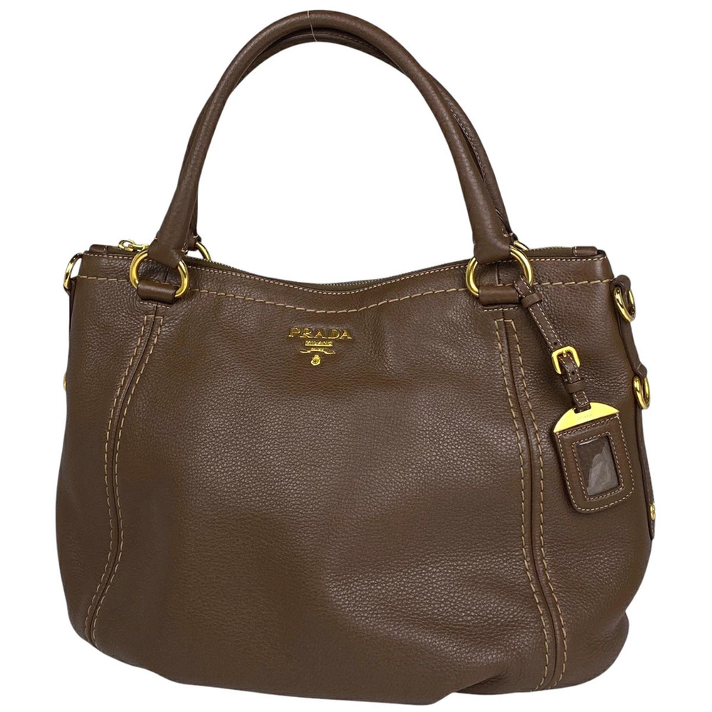 Prada Logo Handbag Shoulder Bag Leather Brown